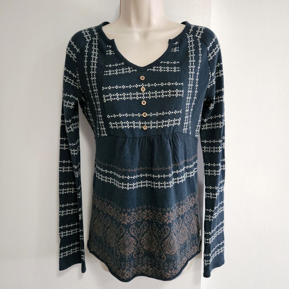 VTG The North Face Women's Tunic Sz S Teal Blue Fair Isle Wool Linen Logo Boho